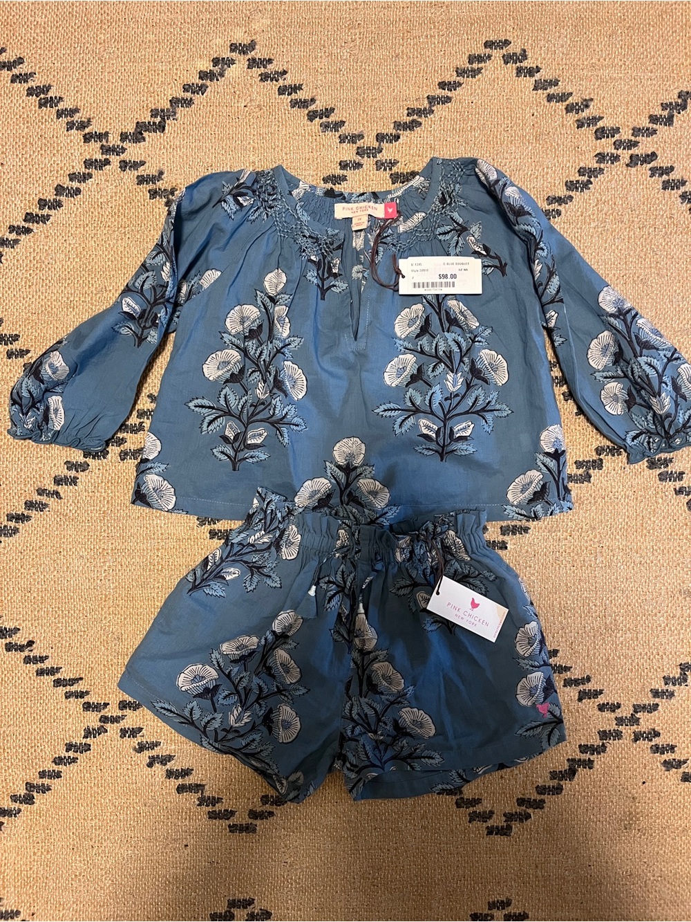Pink Chicken Blue Floral Two-Piece Pajama Set